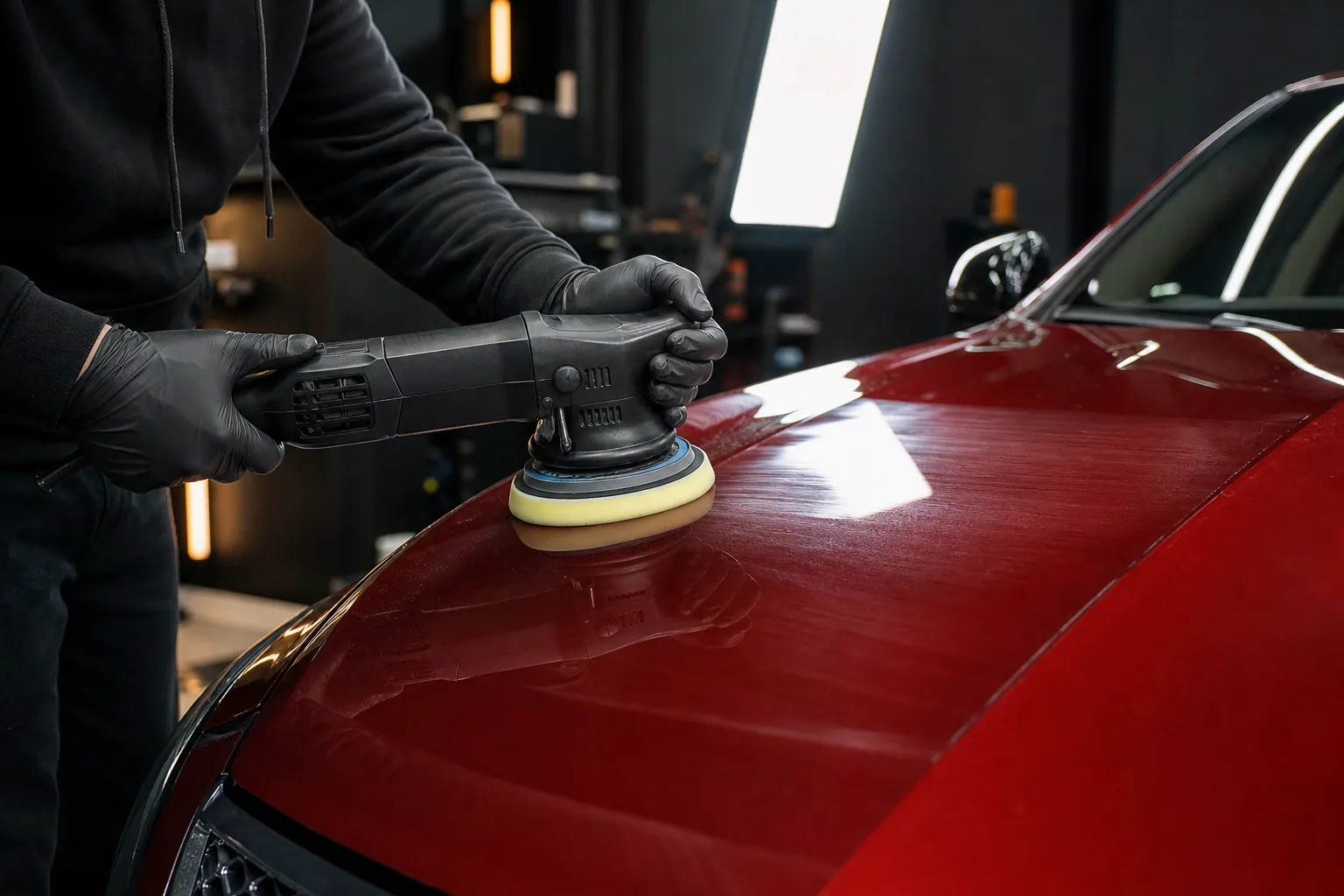 Gloved detailer using a dual-action polisher on a red vehicle hood