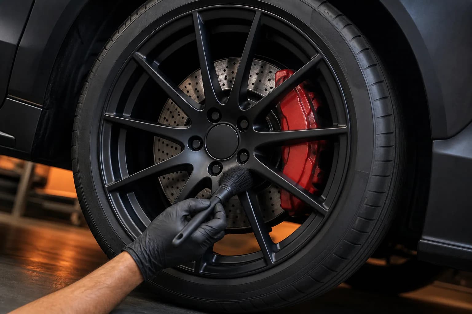 Matte black wheel receiving final detailing with a soft brush